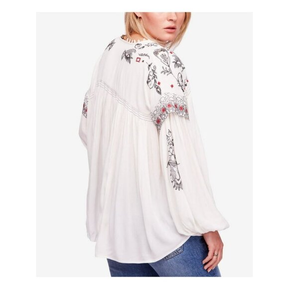 ICONIC BOHO WESTERN FREE PEOPLE EMBROIDERED STUDDED V NECK BLOUSE OFF WHITE SZ M - Picture 5 of 16